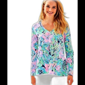Lilly Pulitzer Etta V-Neck Top Long Sleeve Cotton Multi Bermudaful ResortWear XS